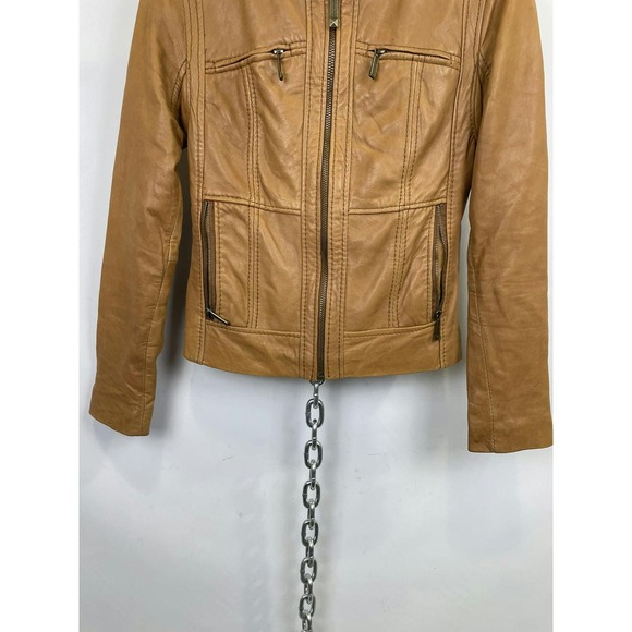 Micheal Kors Brown Leather Moto Jacket‎ Size Small - Picture 3 of 12
